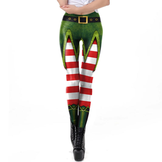 Elf Christmas Leggings Gift Autumn Winter Festival Legging Women 3D Stripe Sexy High Waist Skinny Leggings